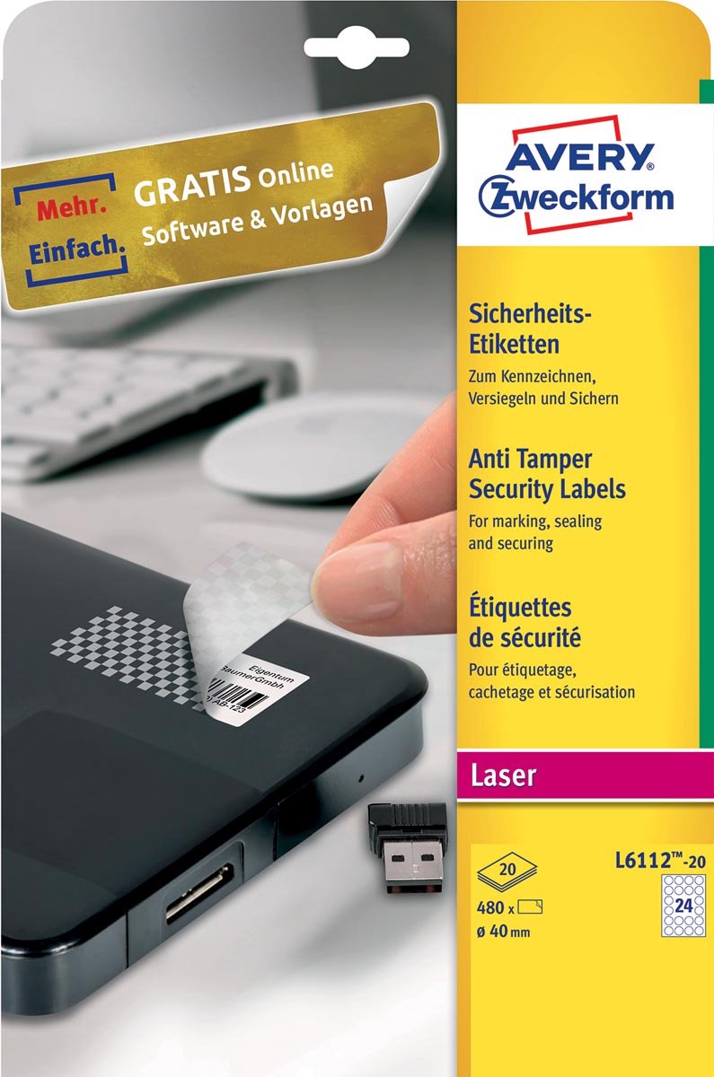 Avery Zweckform Sicherheits-Etiketten 40 mm 20 Blatt/480 Etiketten wei
