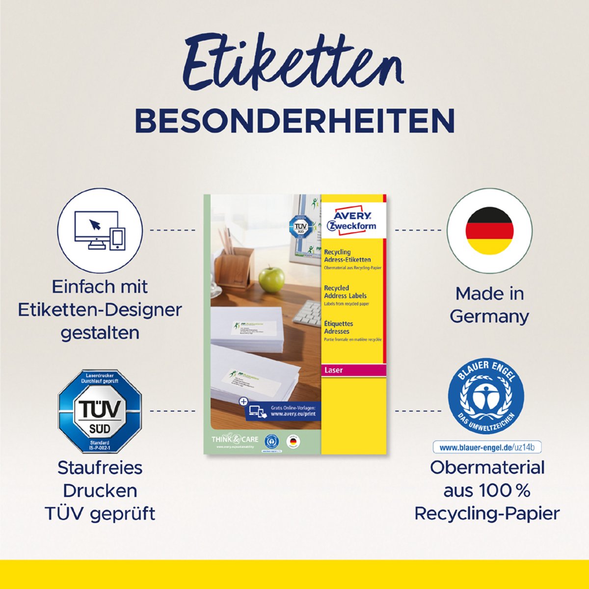 Avery Zweckform Adress-Etiketten Recycling A4 63,5x46,6mm VE=1.800 Eti
