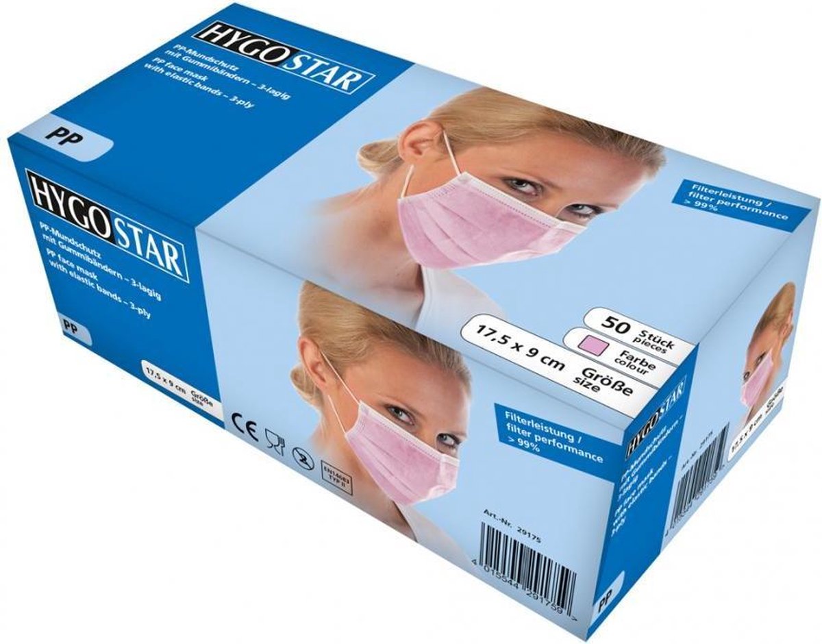 20 x HygoStar Mundschutz mit Gummibändern Typ II 3-lagig 17,5x9cm VE=5