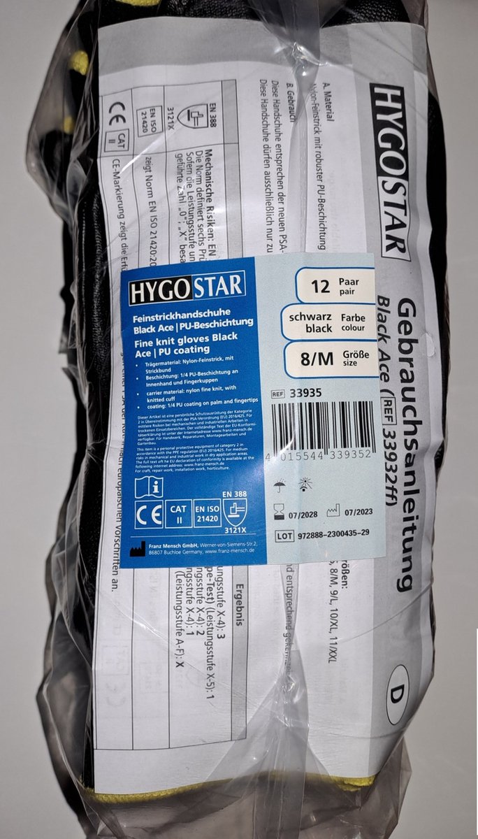 10 x HygoStar Nylon-Feinstrick-Handschuh Black Ace M/8 schwarz VE=12 P