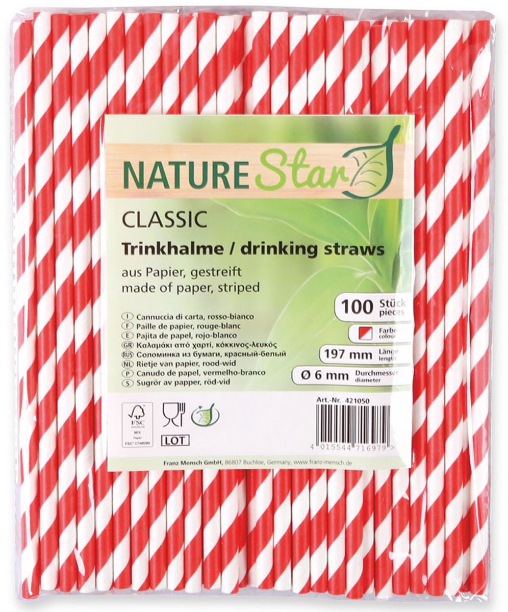 30 x NatureStar Papiertrinkhalme Bio Classic 6x197mm gestreift rot/wei