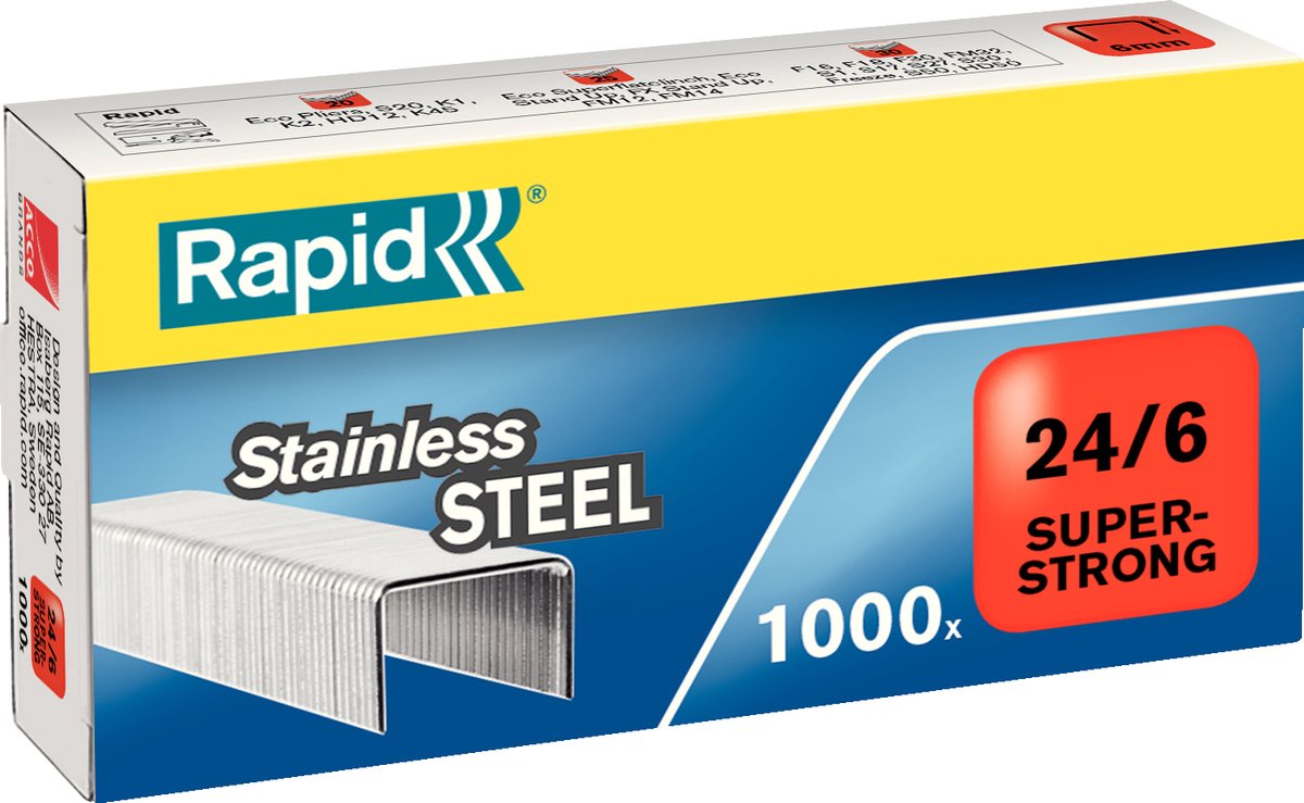 5 x Rapid Heftklammern 24/6 Edelstahl Super Strong VE=1000 Stück