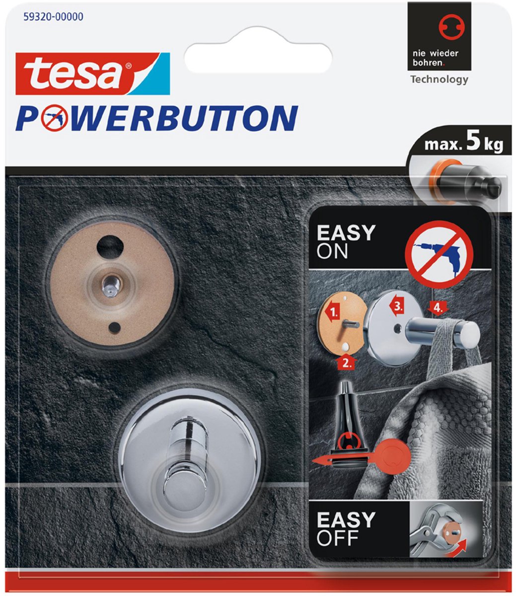 4 x Tesa Klebehaken Powerbutton Universal L Tragfähigkeit 8kg rund chr