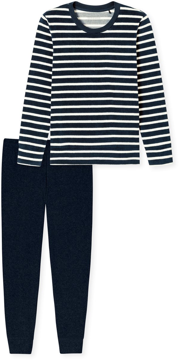 Schlafanzug lang Frottee Bündchen Ringel nachtblau - Casual Essentials 44