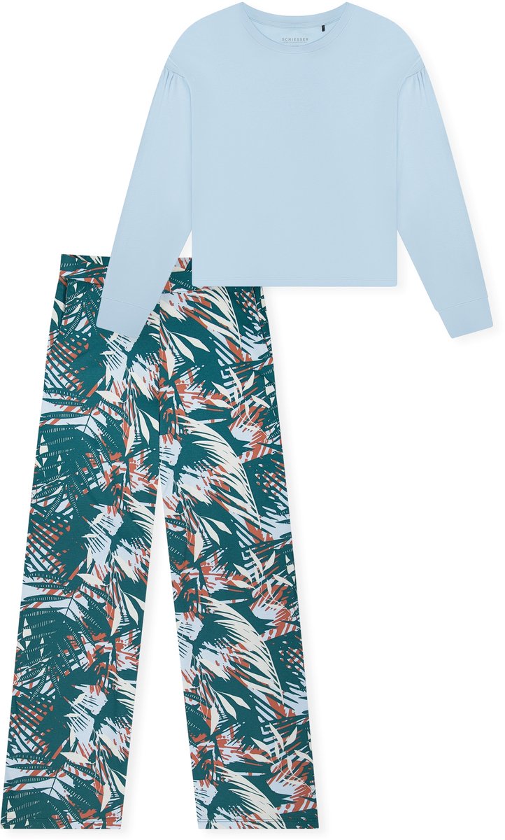Schlafanzug lang Interlock Palmen hellblau - Modern Nightwear 46