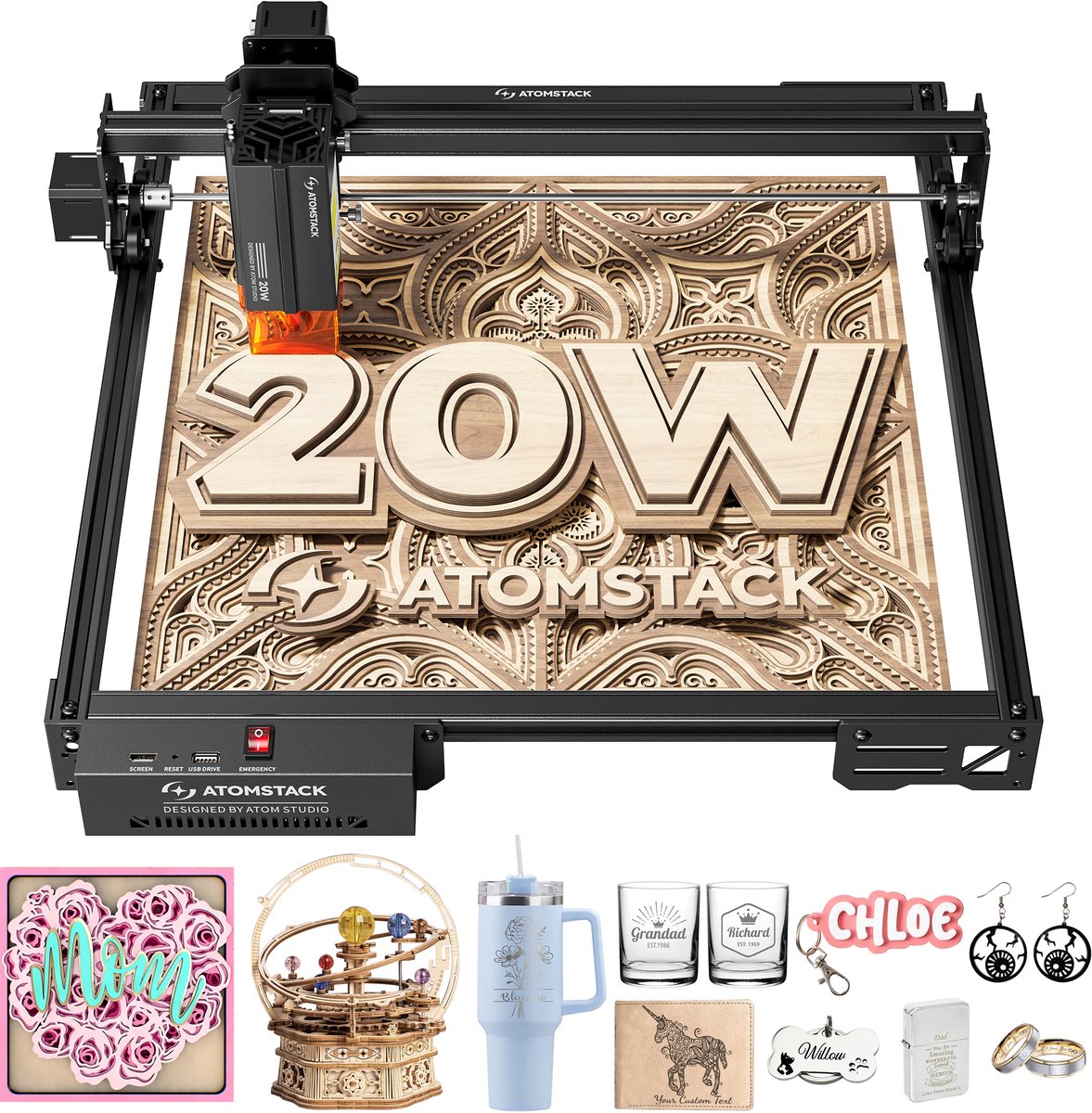 ATOMSTACK A20 PRO V2 20W Lasergravurmaschine, 0,08 × 0,10 mm Laserpunkt, 400 × 365 mm Arbeitsbereich, 400 mm/s Geschwindigkeit, 0,01 mm Präzisionsgravur schwarz
