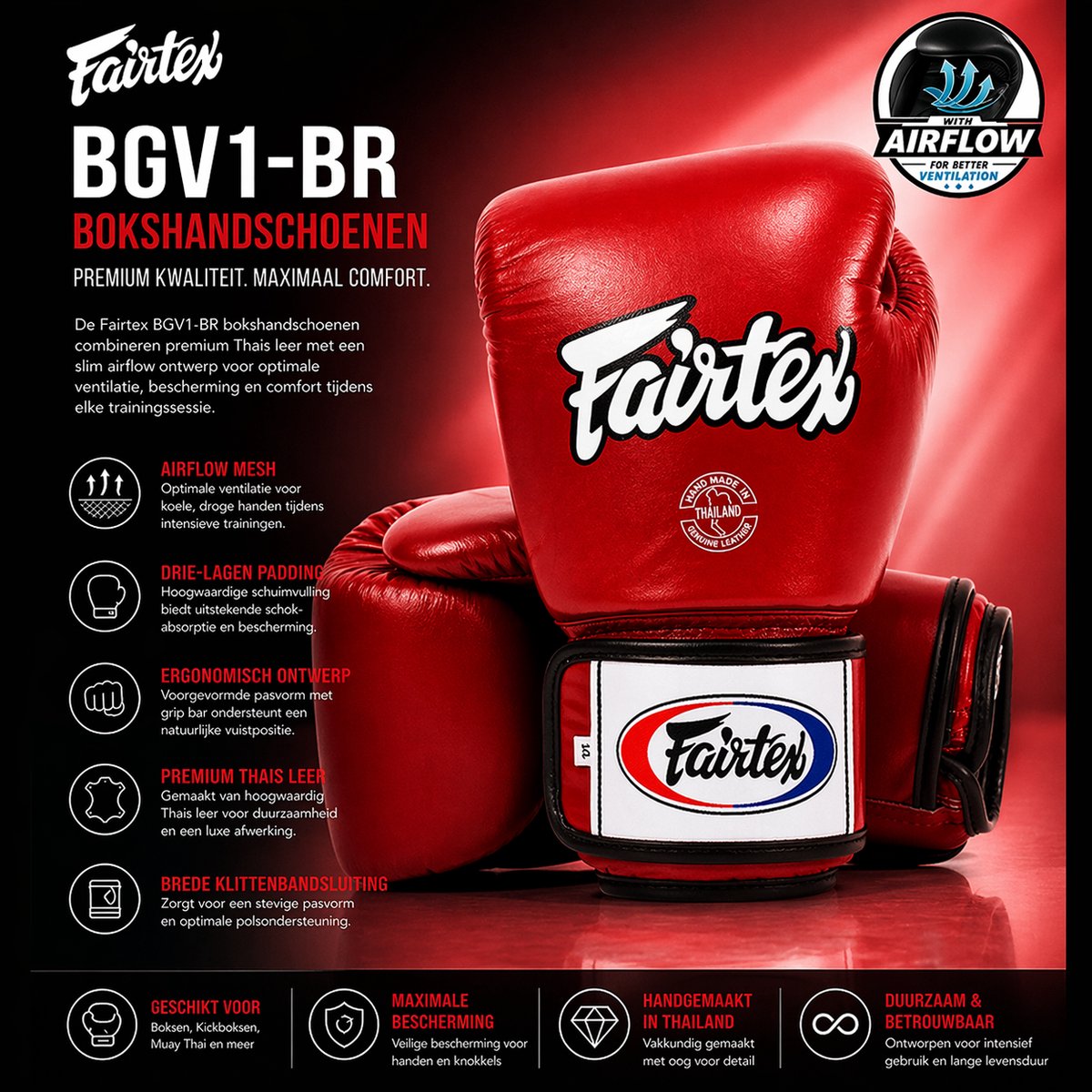 Fairtex Echte Leder Boxhandschuhe BGV1 Atmungsaktiv Rot 14oz