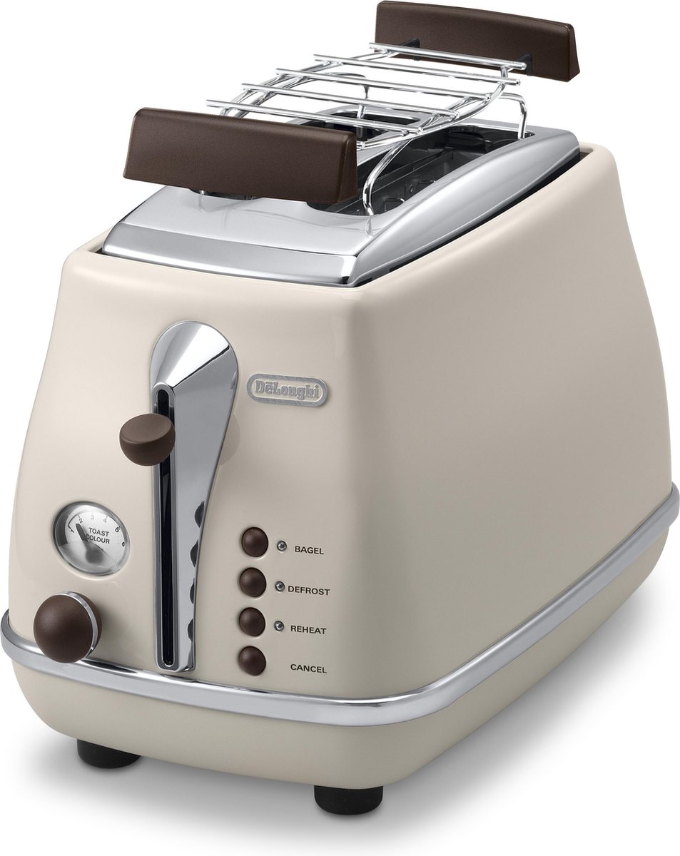 Toaster - Delonghi - Icona Vintage - 2 Scheiben - 6 Positionen - Glänzendes Beige / Schokoladenboden und Griff