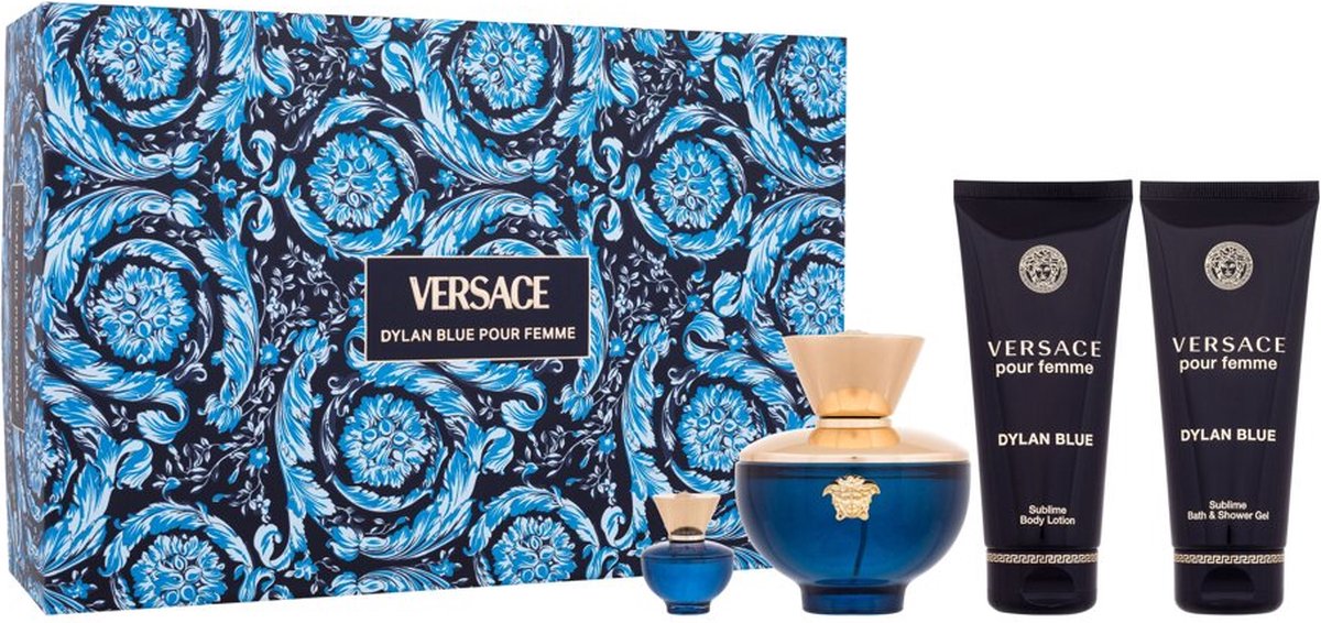 Versace Dylan Blue Pour Femme Set Eau de Parfum, 100 ml + Duschgel, 100 ml + Körperlotion, 100 ml + Eau de Parfum Miniatur, 5 ml