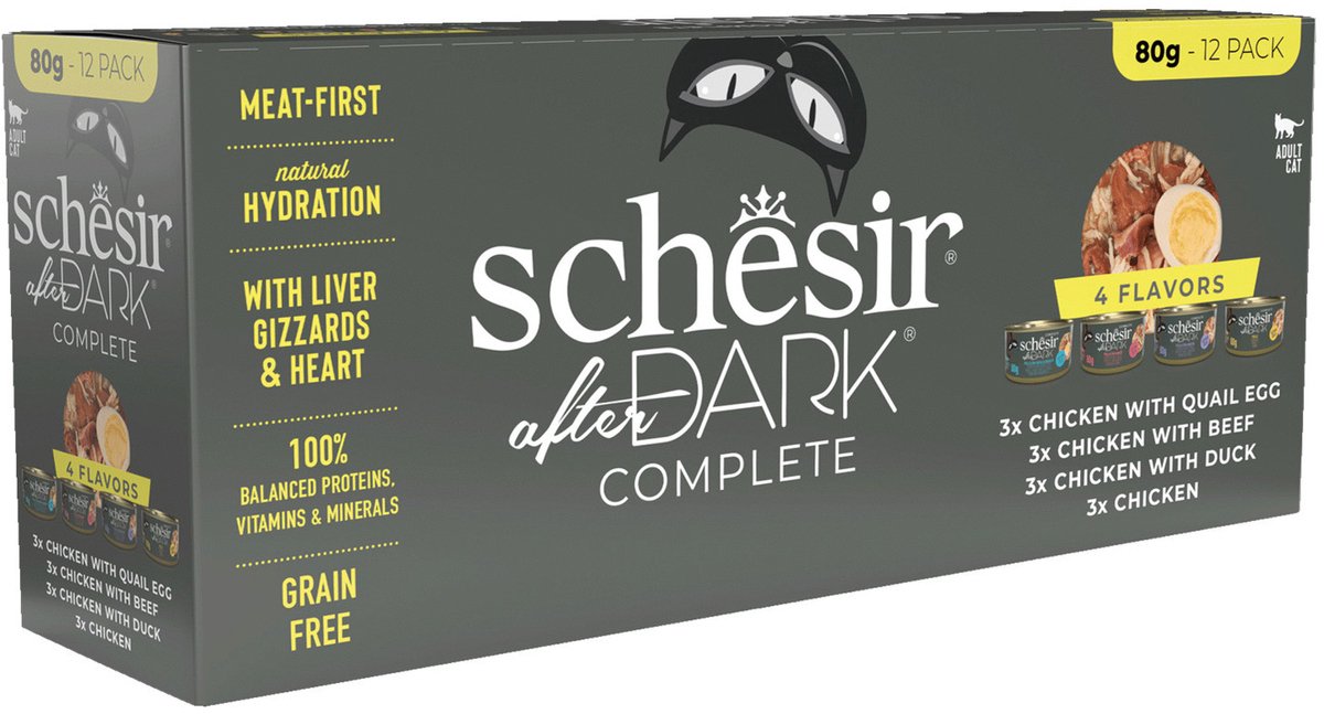 SCHESIR After Dark Complete 4 Flavors, Huhn, getreidefreies feuchtes Katzenfutter in Dosen, (in Suppe), Multipack, 80g x 12 Stk