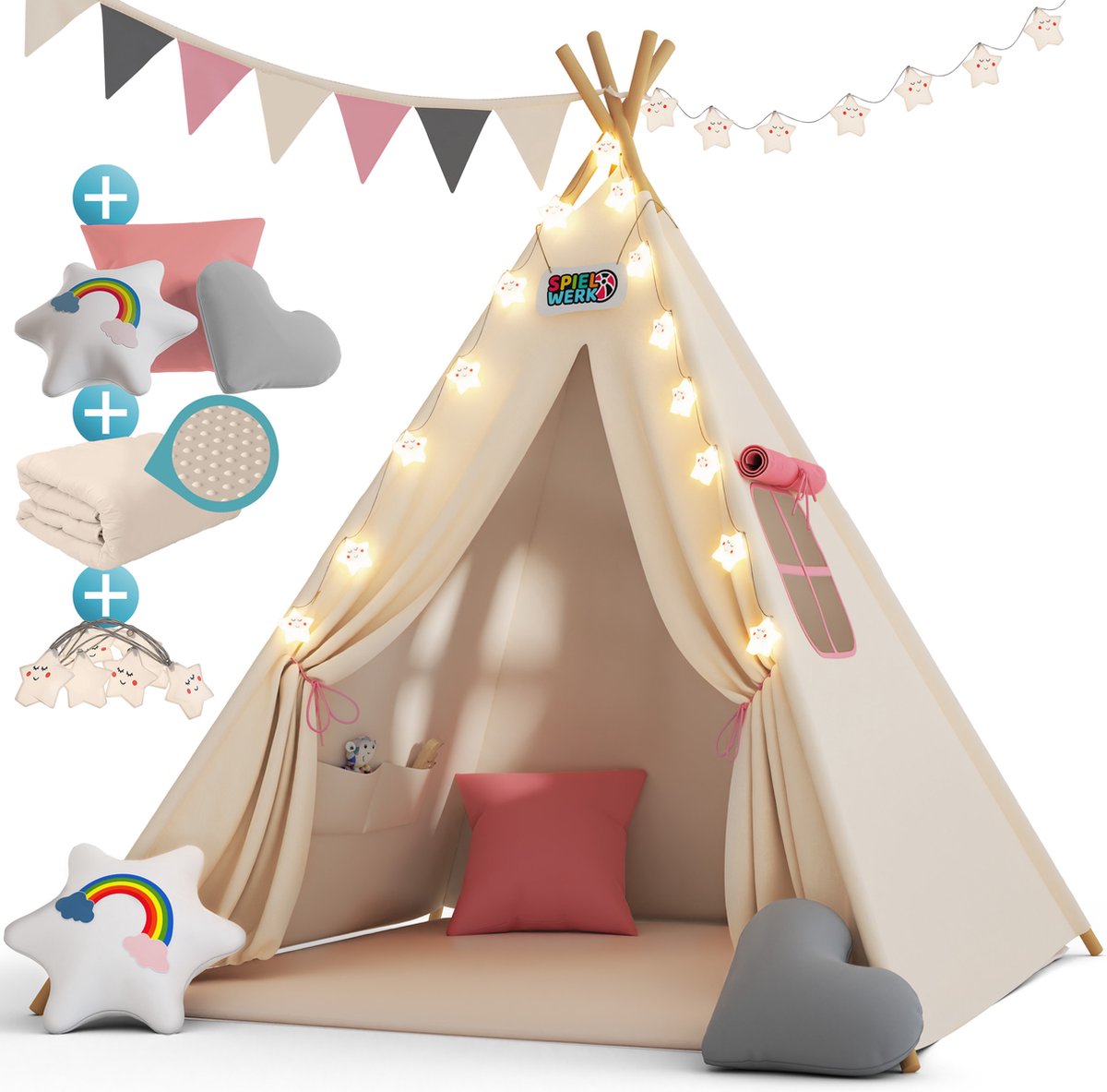 Namiot dla Dzieci Tipi różowy 120x120x160cm poduszki mata