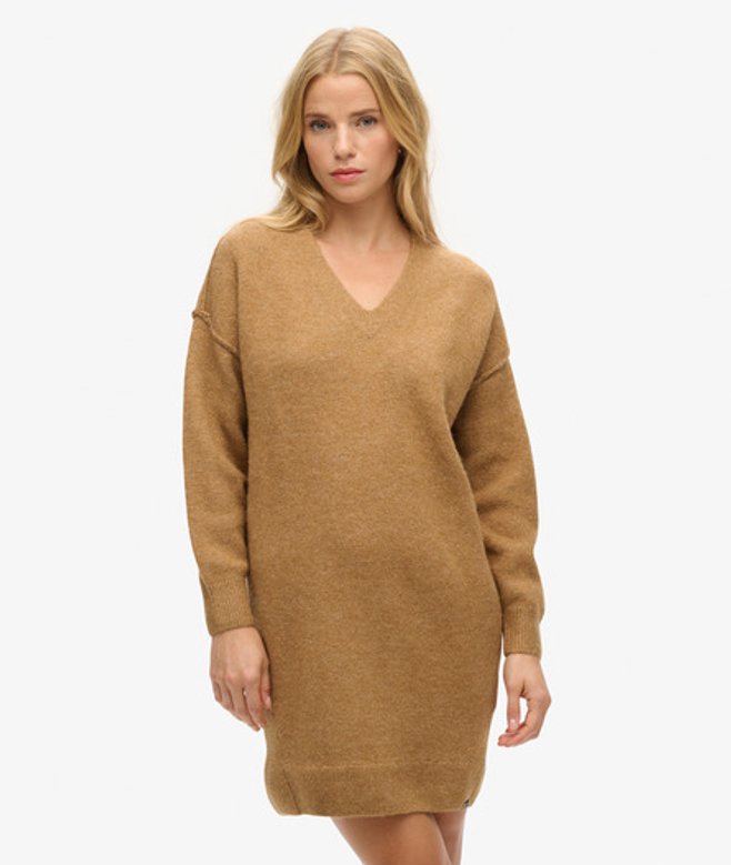 Superdry Damen Beige Strickpulloverkleid mit V-Ausschnitt, Größe: 38