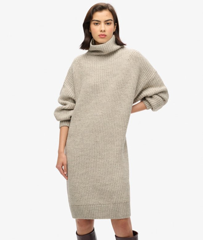 Superdry Damen Grob Geripptes Strickpulloverkleid Hellgrau - Größe: 44