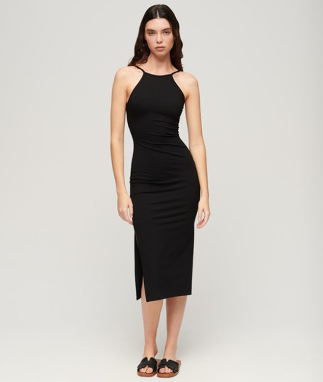 Superdry Damen Jersey-midikleid mit Spitzenrücken Schwarz - Größe: 42