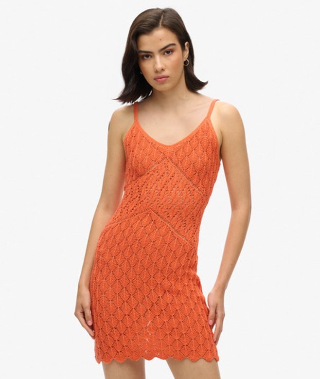 Superdry Damen Gehäkeltes Minikleid mit Trägern Koralle - Größe: 36
