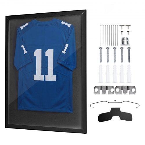 VEVOR Jersey Frame Display Case, 90 x 70 x 3 cm, Wooden Sport Jersey Shadow Box with 98% UV Protection PC Panel and Hanger, for Baseball Basketball Football Hockey Shirt Sport and Uniform, Black