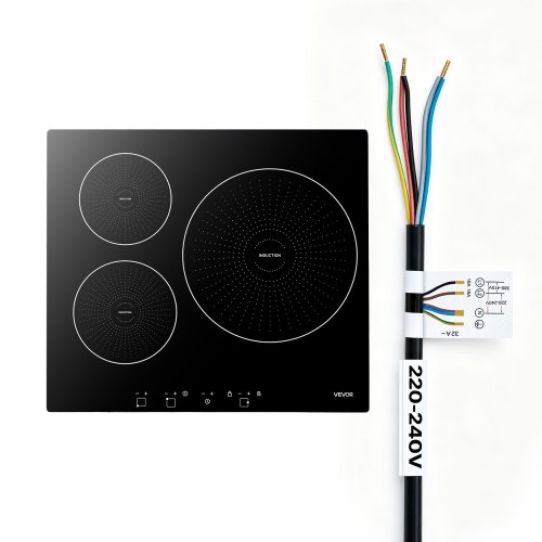 VEVOR Placa de Inducción Empotrable 59 x 52 cm 3 Quemadores 220 V 6200 W, Apagado Automático con Temporizador, Con 9 Niveles de Potencia, Con Pantalla Táctil LED, Con Bloqueo Infantil, Para Cocina