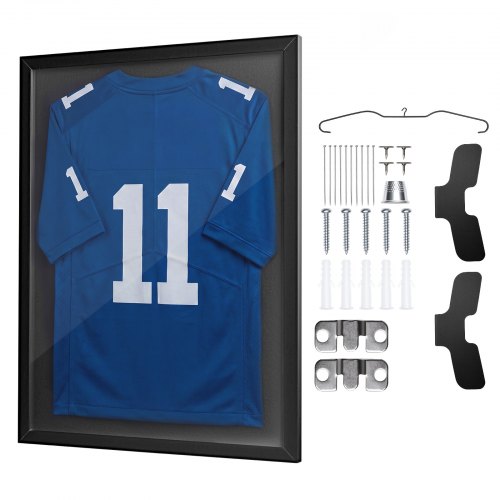 VEVOR Jersey Frame Display Case, 80 x 60 x 2.5 cm, Wooden Sport Jersey Shadow Box with 98% UV Protection PC Panel and Hanger, for Baseball Basketball Football Hockey Shirt Sport and Uniform, Black
