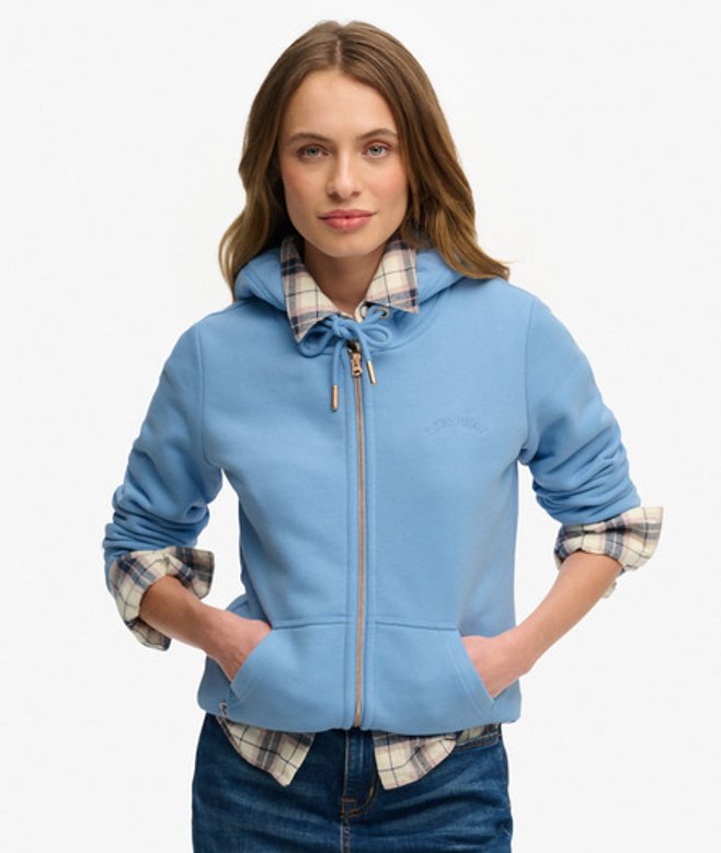 Superdry Damen Essential Kapuzenjacke mit Logo und Gebürstetem Innenfutter Blue - Größe: 40