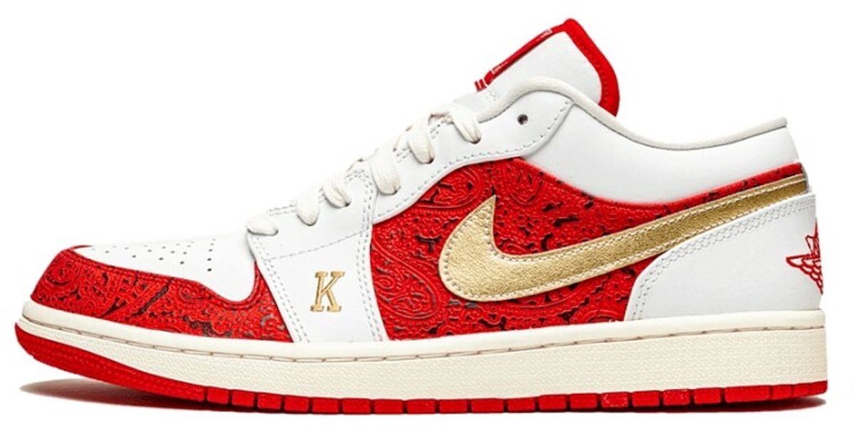 Air Jordan 1 Low SE Spades Herren-Sneaker Weiß University-Rot Metallic-Gold DJ5185-100 42.5