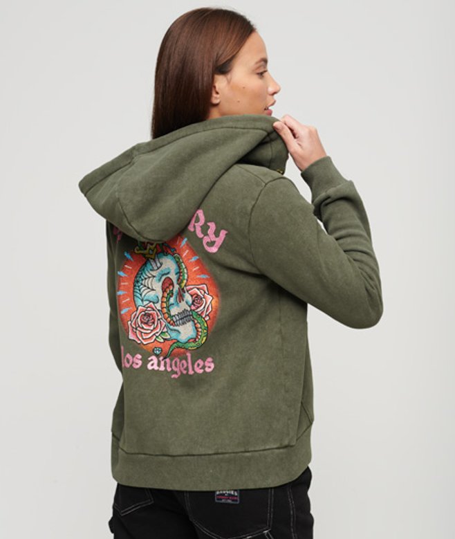 Superdry Damen Tattoo Kapuzenjacke mit Strassbesatz Kaki - Größe: 44