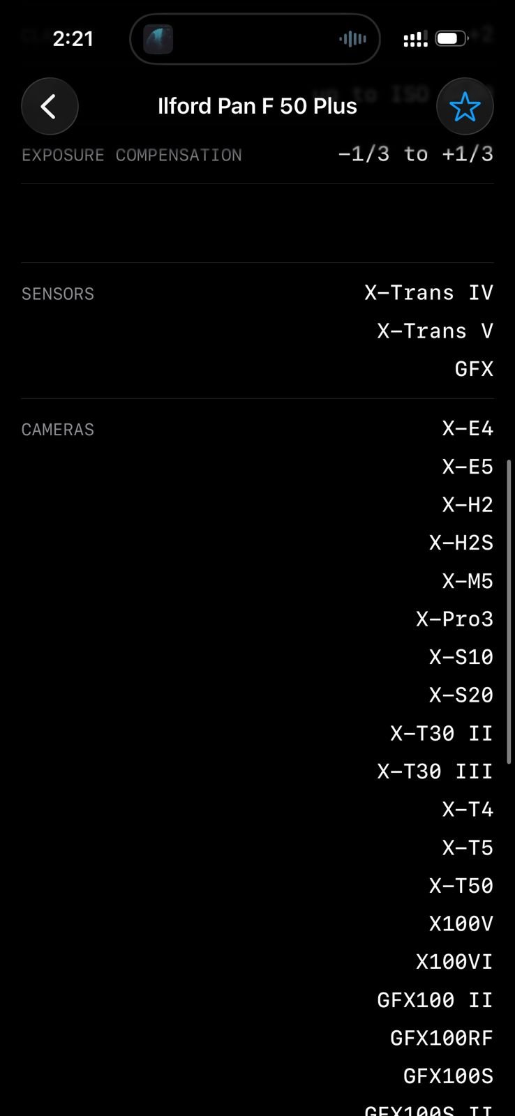 Screenshot of camera settings and film simulation options for Ilford Pan F 50 Plus.