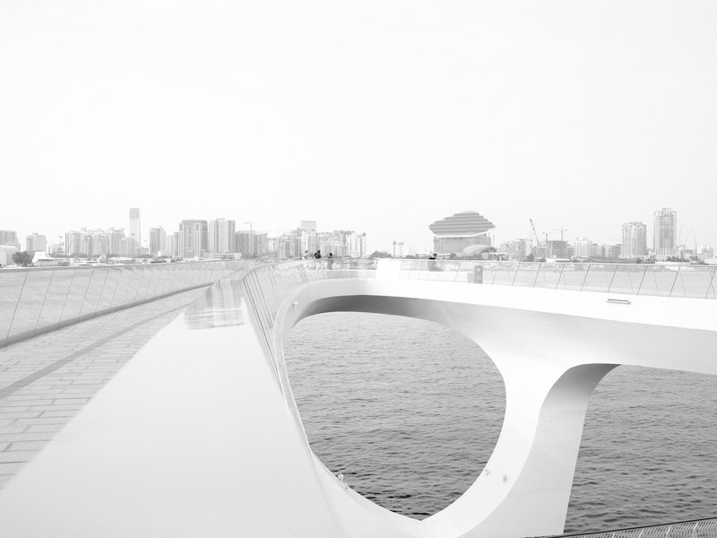 A modern bridge arching over water with a city skyline in the background, captured in black and white.