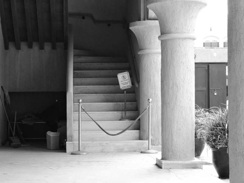 A monochrome image of a staircase with a rope barrier and decorative columns in a building entrance.