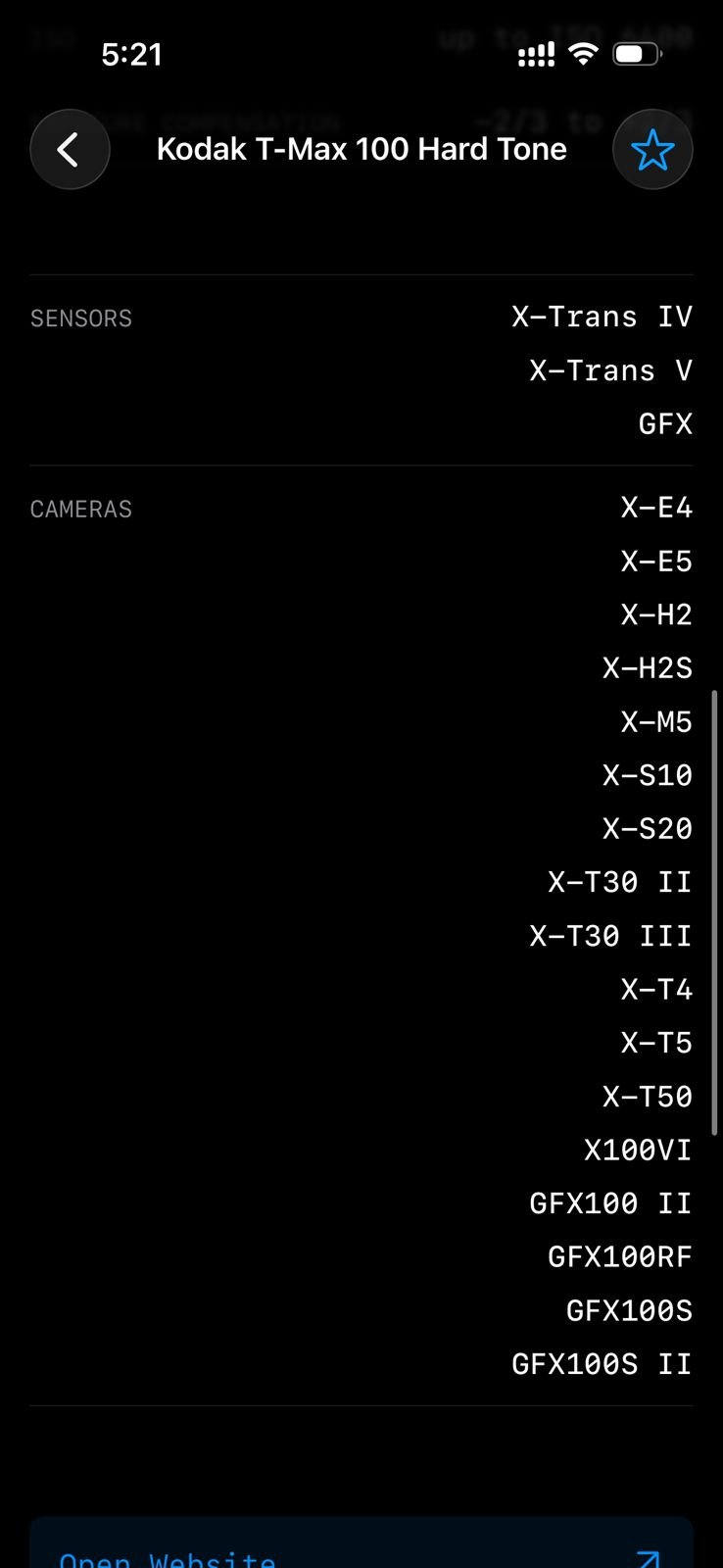 List of Fujifilm cameras and sensors compatible with Kodak T-Max 100 Hard Tone film simulation.