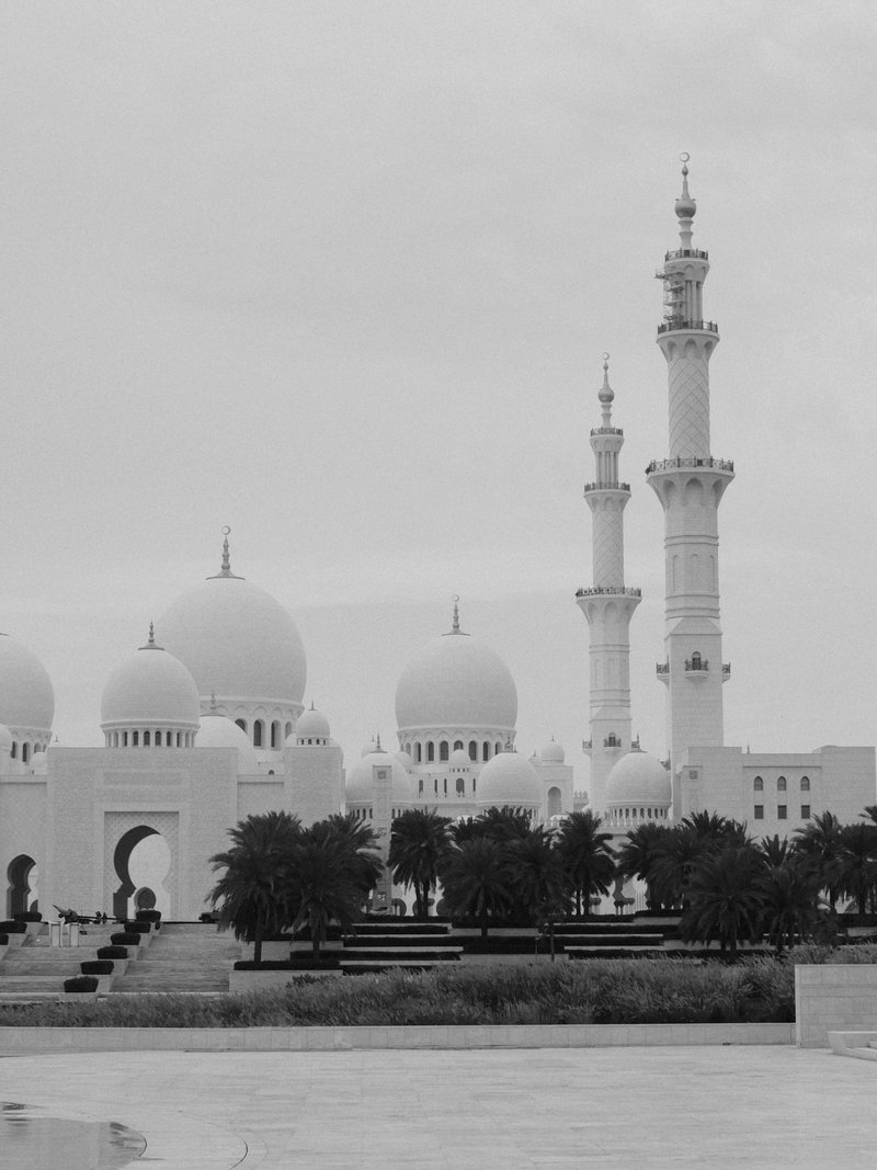 A grand white mosque with domes and minarets, surrounded by palm trees and a reflective pool.