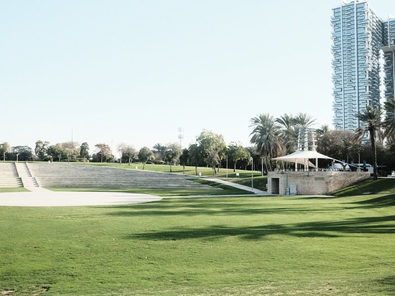 A spacious green park with a gazebo and palm trees, surrounded by modern buildings under a clear sky.