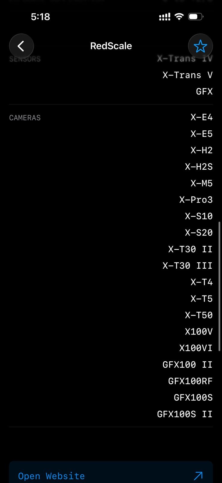 List of Fujifilm camera models displayed on a mobile screen with a dark background.