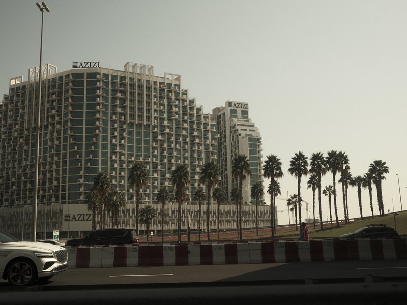 Modern buildings with palm trees in the foreground under a clear sky.