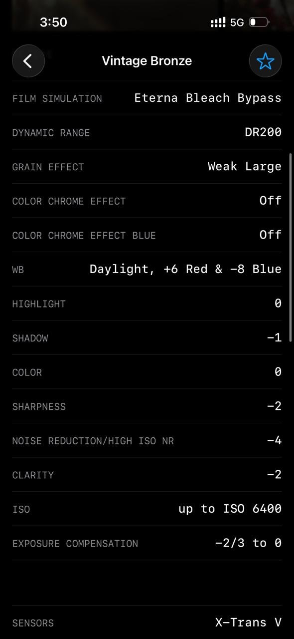 Settings for a Fujifilm film simulation recipe titled 'Vintage Bronze' with various photographic parameters.