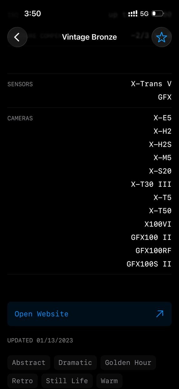 Screenshot of camera settings and specifications for Fujifilm film simulation.