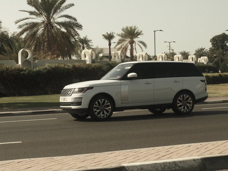 A white luxury SUV driving on a sunny road lined with palm trees.
