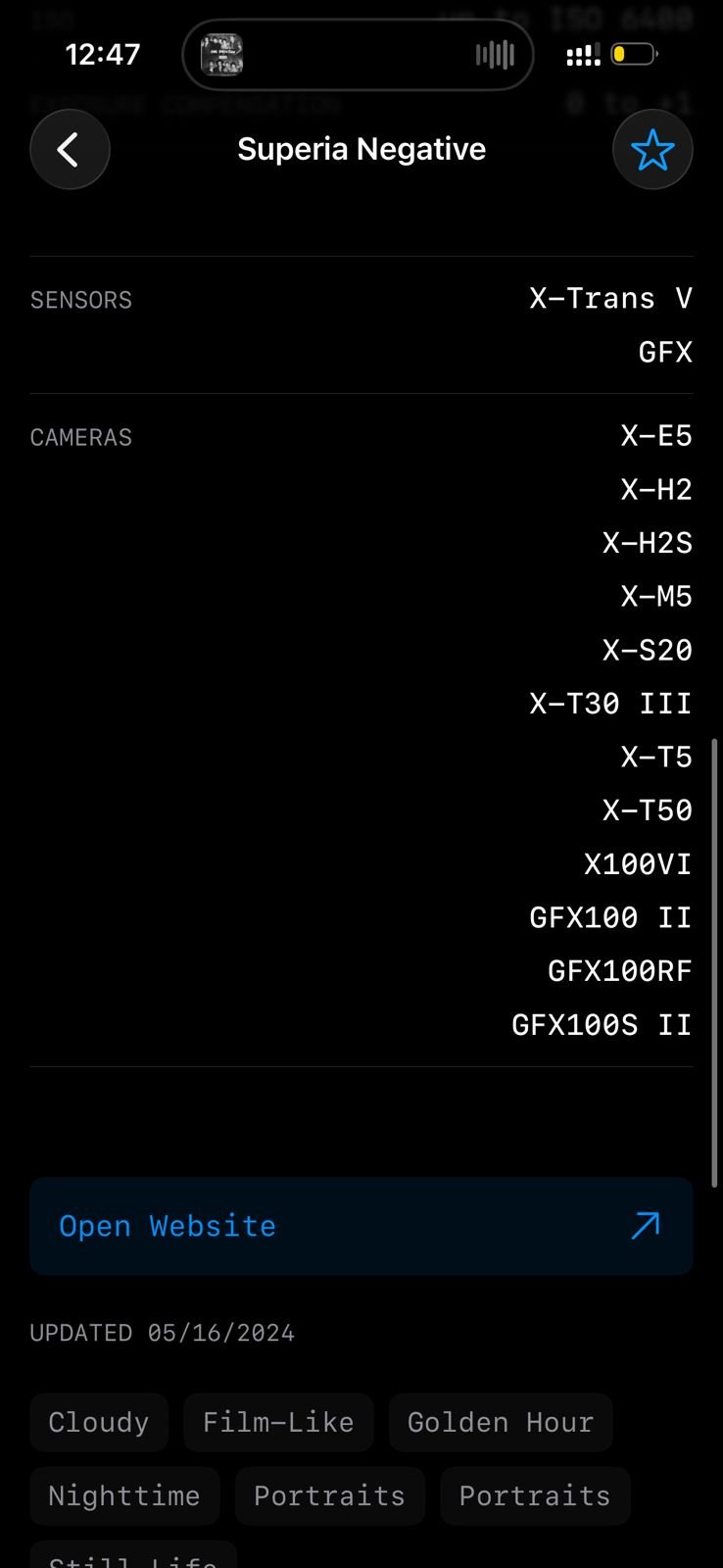 Screenshot of camera settings and film simulation details for Fujifilm photography.