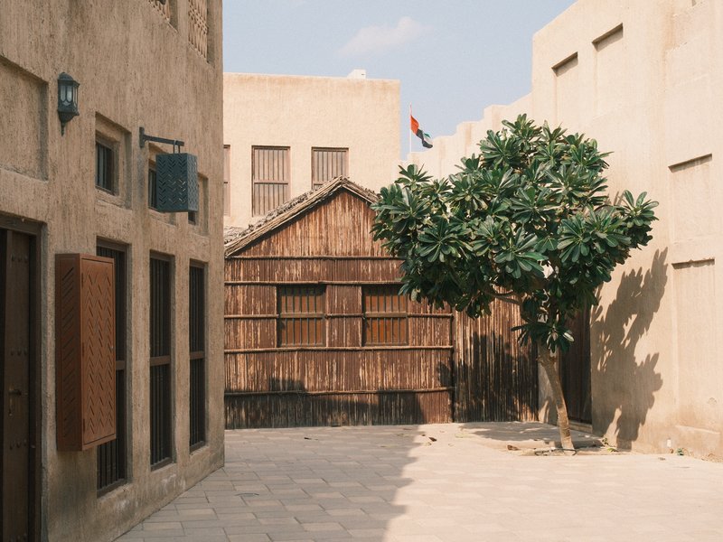 A quiet alleyway with traditional architecture, featuring a wooden fence and a tree under a clear sky.