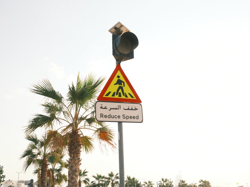 Traffic sign indicating to reduce speed with palm trees in the background under a clear sky.