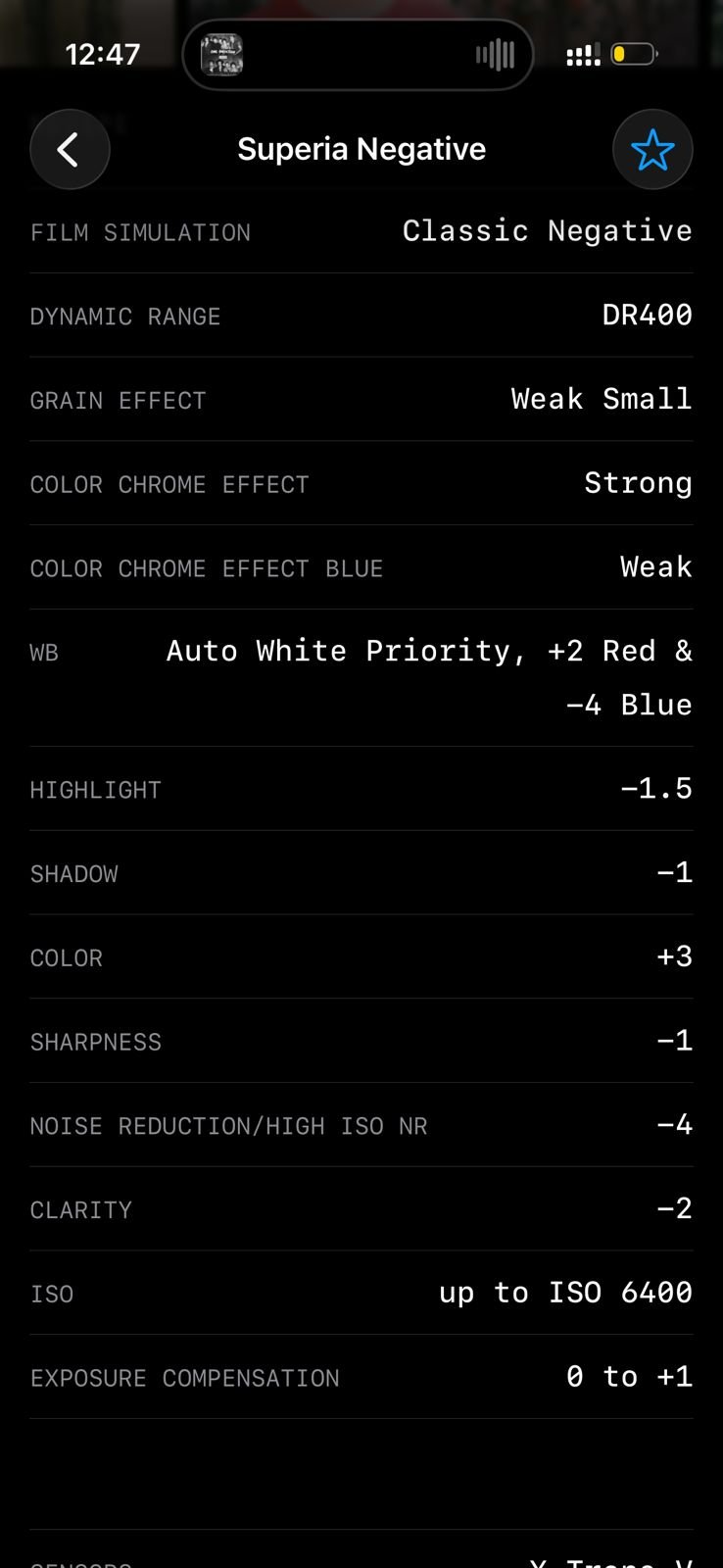 Settings for Fujifilm film simulation with various parameters displayed on a mobile screen.