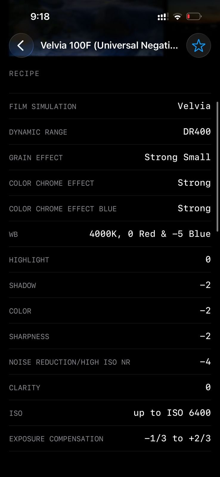 Photo settings for Velvia 100F film simulation, showing various parameters and adjustments.