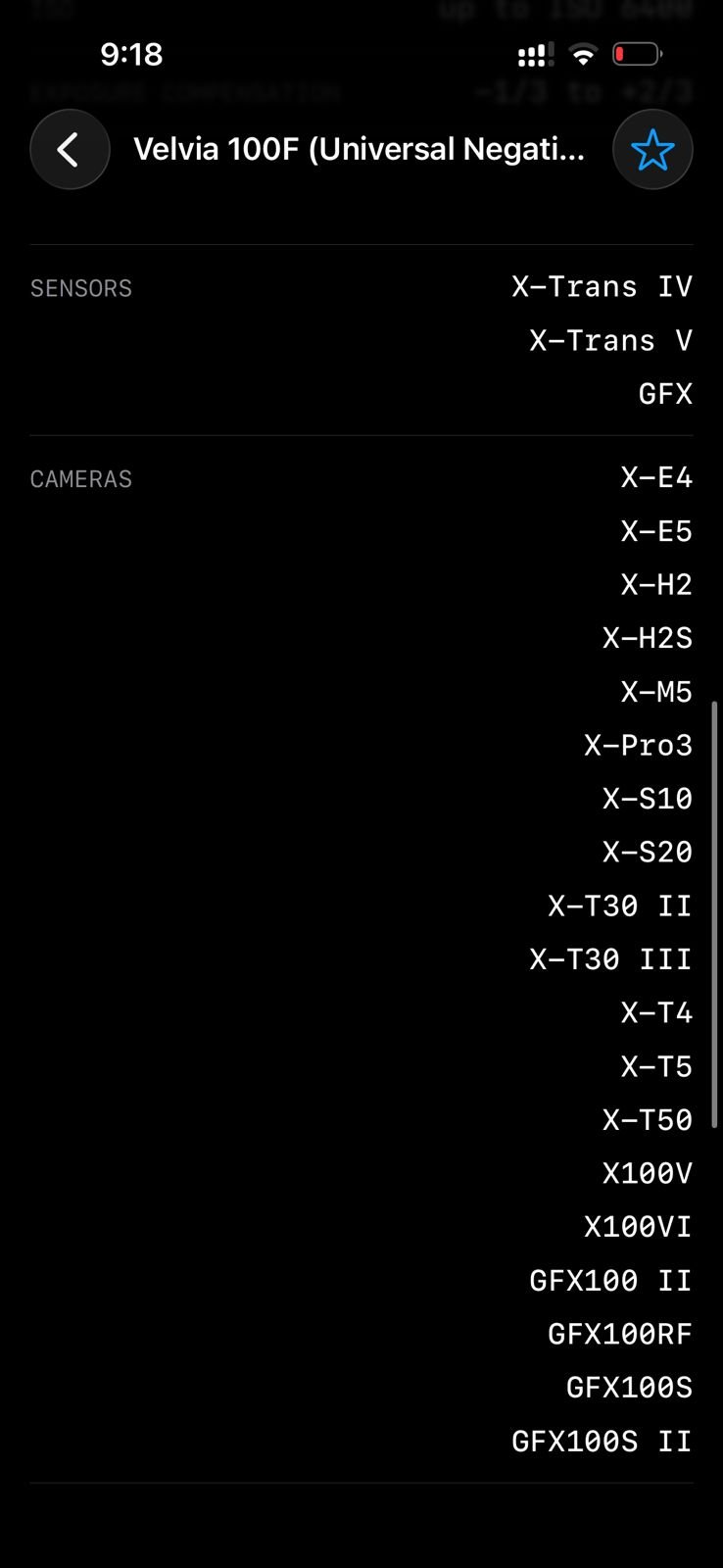 List of Fujifilm camera models and sensors displayed on a mobile screen.
