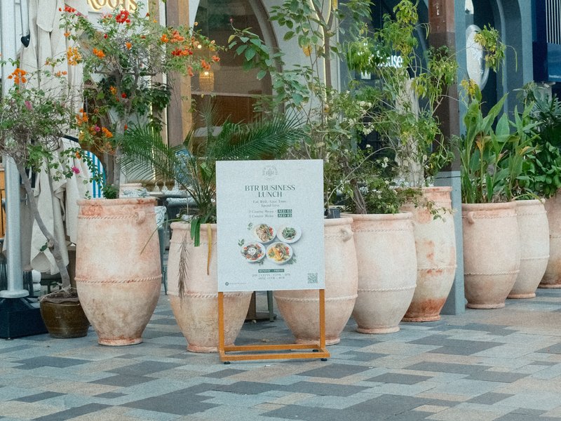 A display of large clay pots surrounded by greenery in an urban setting.