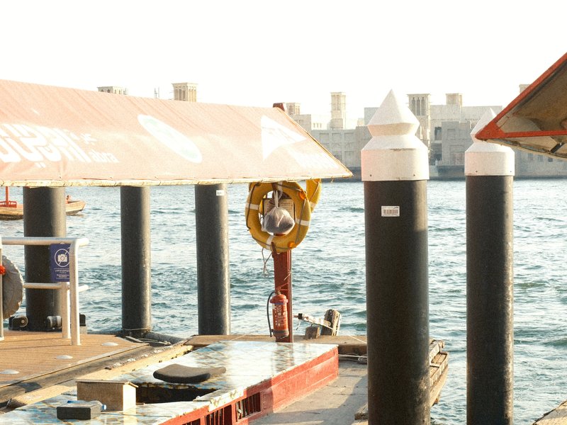 A waterfront scene with a dock, poles, and a lifebuoy, illuminated by bright sunlight.