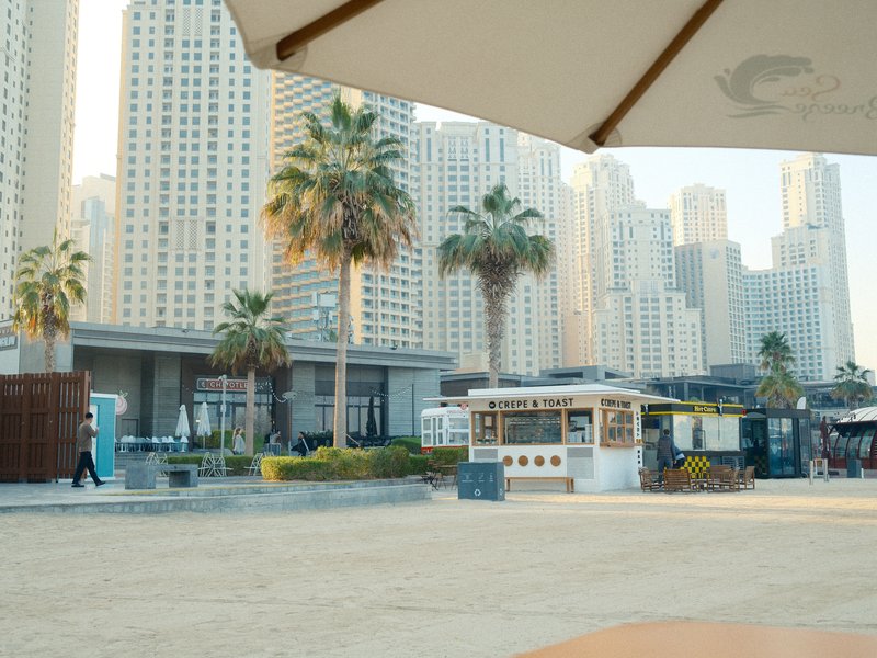 View of a beach area with palm trees and tall buildings in the background, under an umbrella.