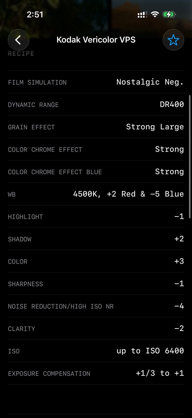 Settings for a photo edited with Kodak Vericolor VPS film simulation, showing various adjustments.