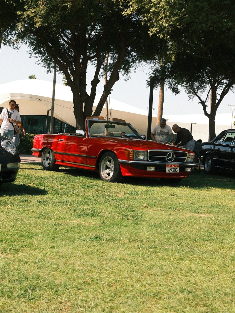 A red convertible Mercedes parked on green grass with people nearby and trees in the background.