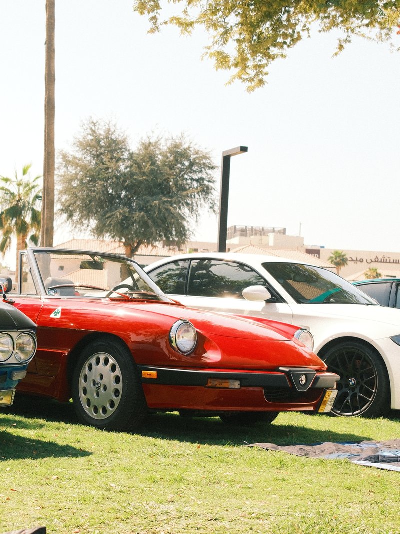 A red convertible sports car parked on green grass with palm trees and other cars in the background.