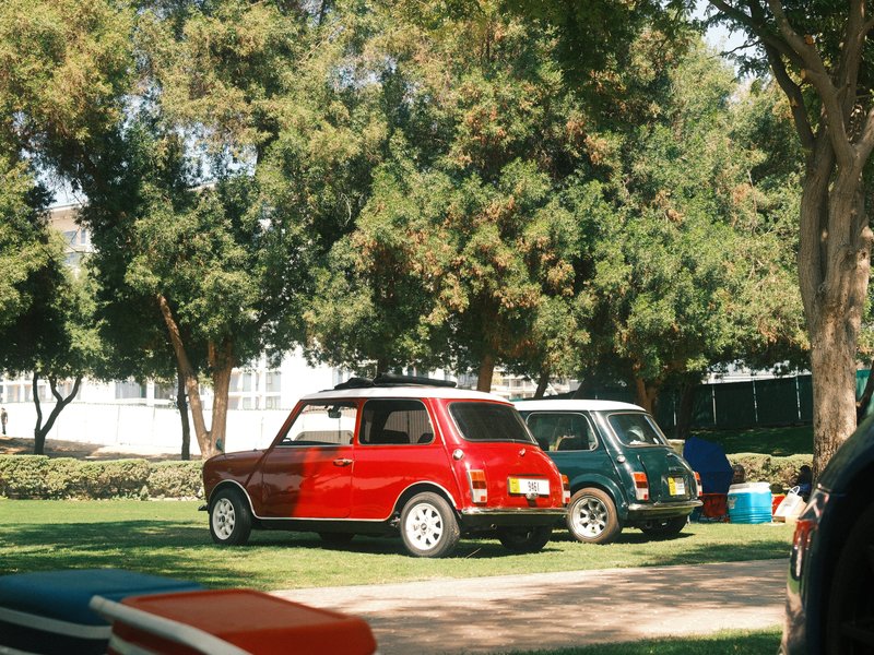 Two classic cars parked on a grassy area surrounded by trees.