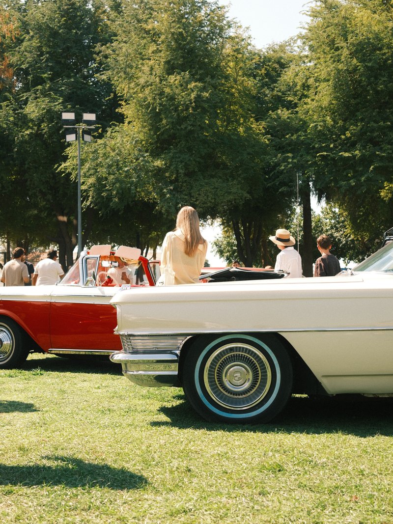 A vintage car show scene with classic cars and people in a park setting.